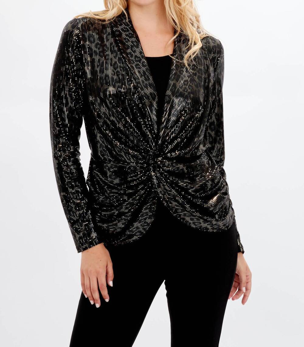NEW FRANK LYMAN shimmer leopard wrap front top in black/gold